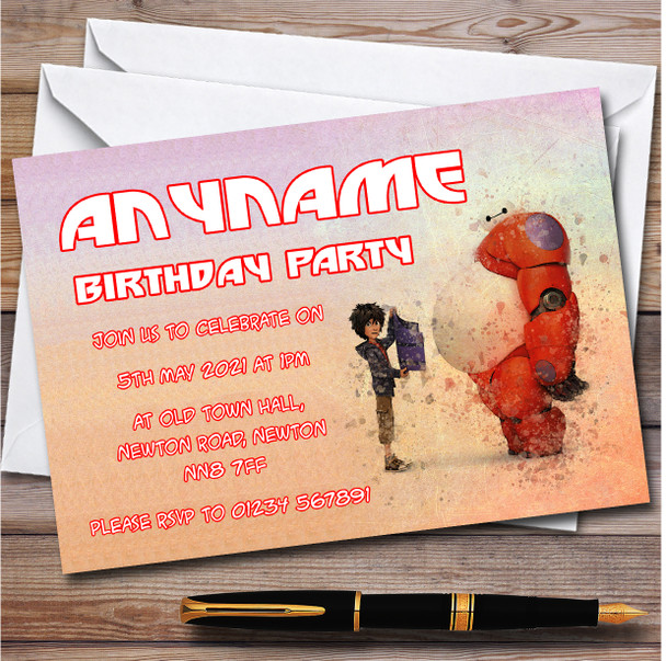 Big Hero 6 Vintage Watercolor Splatter Children's Birthday Party Invitations Big Hero 6 Vintage Watercolor Splatter Children's Birthday Party Invitations