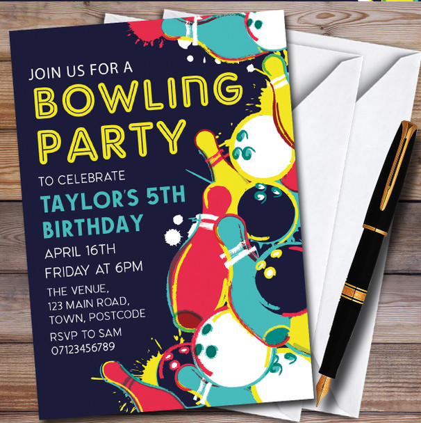 colorful Bowling Skittles personalized Children's Birthday Party Invitations
