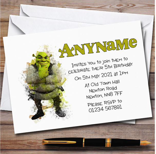 Watercolor Splatter Shrek personalized Children's Birthday Party Invitations