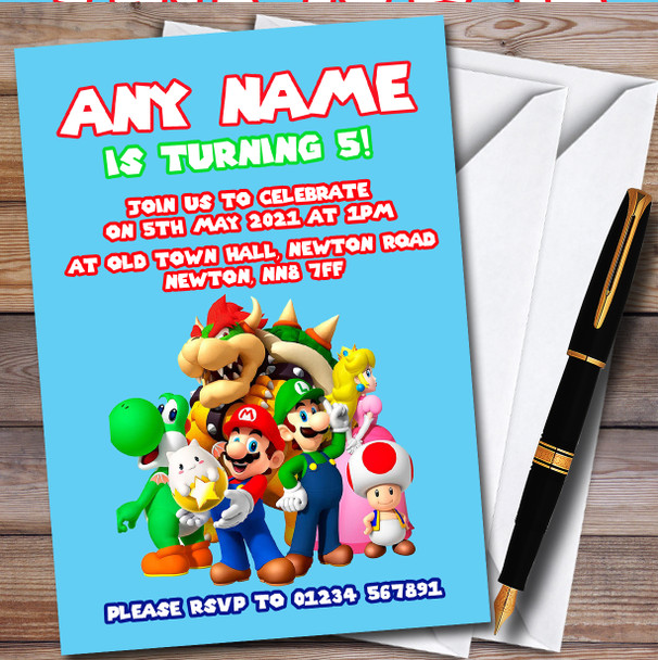 Pale Blue Super Mario personalized Children's Kids Birthday Party Invitations