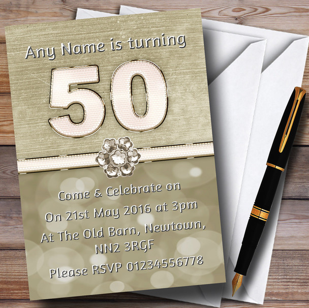 Titanium Gold And White 50Th Personalized Birthday Party Invitations