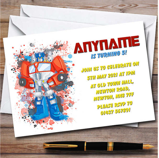 Rescue Bots Optimus Prime Splatter Art Children's Birthday Party Invitations