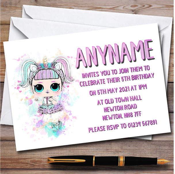 Unicorn Surprise Lol Doll Splatter Art Children's Birthday Party Invitations