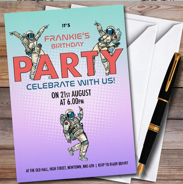 Dancing Astronauts Purple personalized Children's Birthday Party Invitations