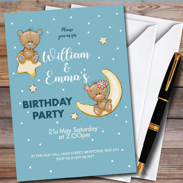 Boy Girl Twins Cute Bears personalized Children's Birthday Party Invitations