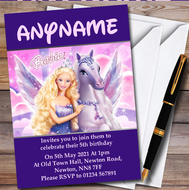 Disney Barbie And Unicorn personalized Children's Birthday Party Invitations