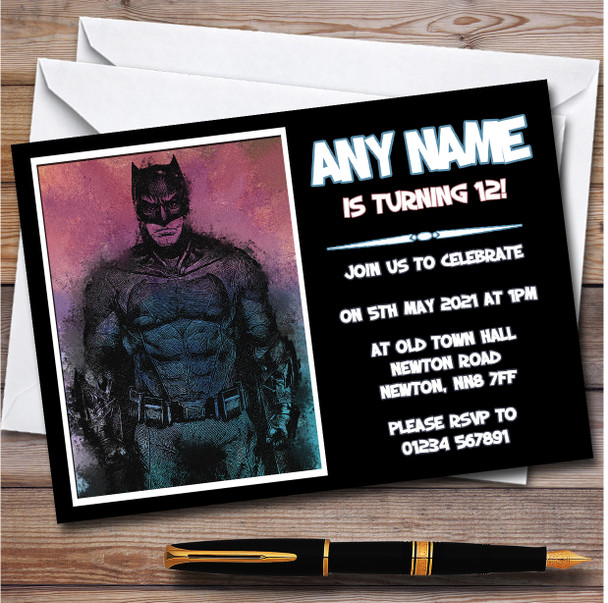 Batman Watercolor Smudge personalized Children's Birthday Party Invitations