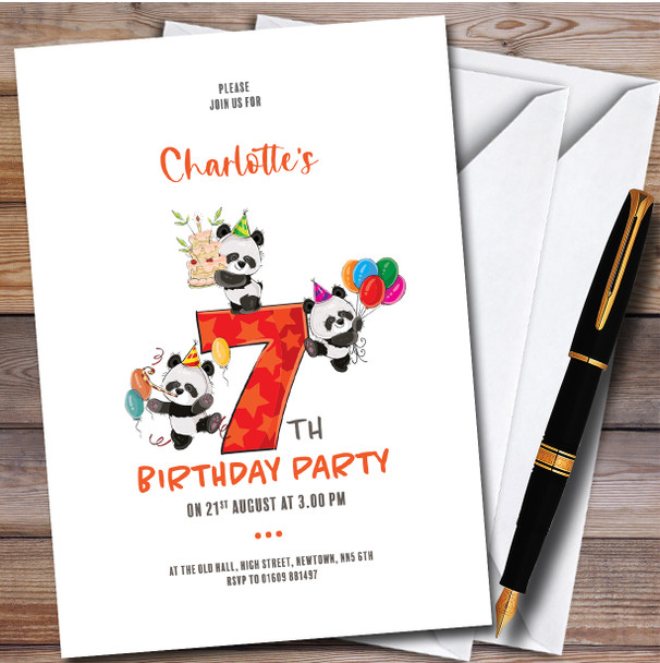 Cute Panda Bears 7Th personalized Children's Kids Birthday Party Invitations