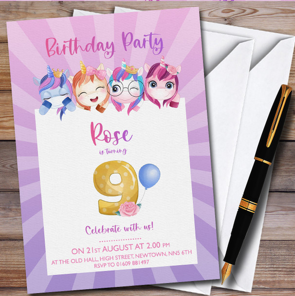 Unicorns Purple 9Th personalized Children's Kids Birthday Party Invitations