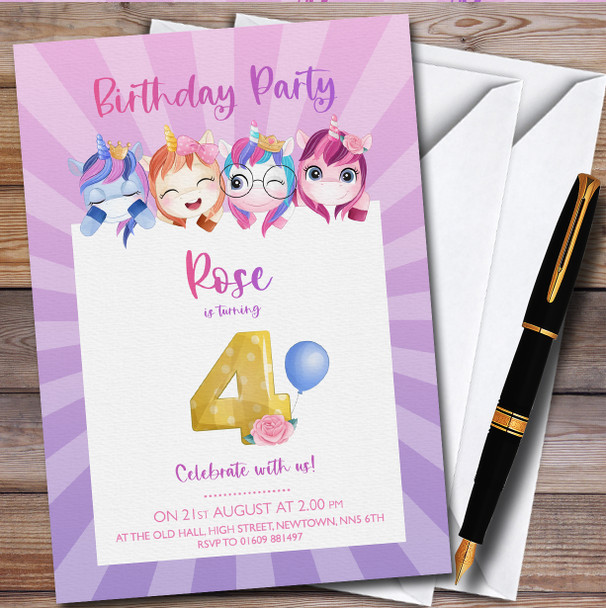 Unicorns Purple 4Th personalized Children's Kids Birthday Party Invitations