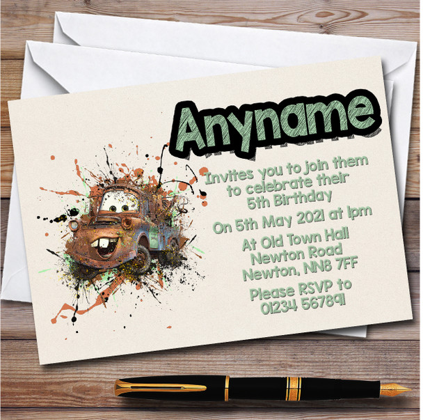 Mater Cars Splatter personalized Children's Kids Birthday Party Invitations