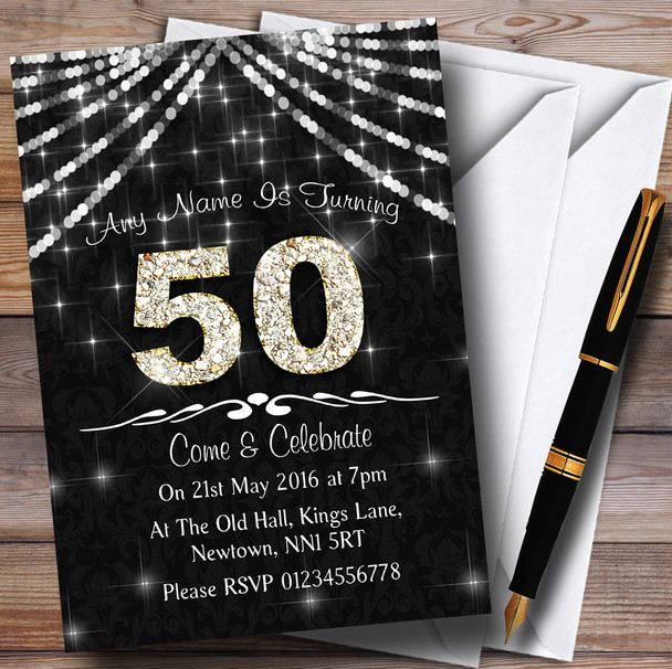 50Th Charcoal Grey & White Bling Sparkle Birthday Party Personalized Invitations