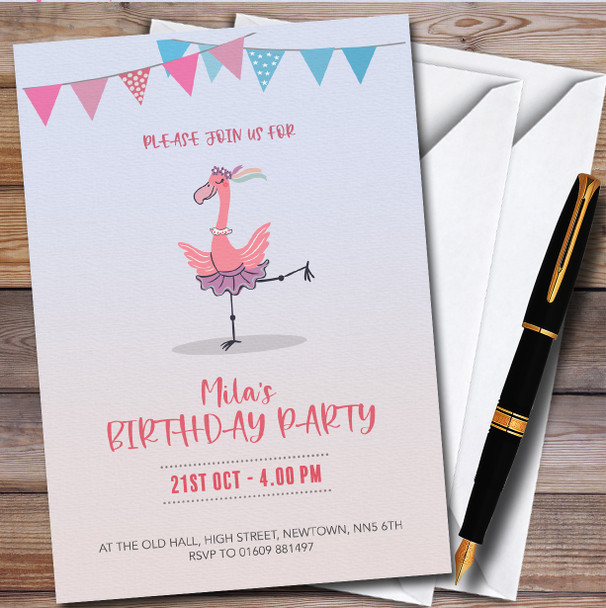 Ballerina Flamingo personalized Children's Kids Birthday Party Invitations