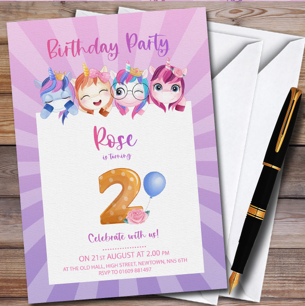 Unicorn Purple 2Nd personalized Children's Kids Birthday Party Invitations