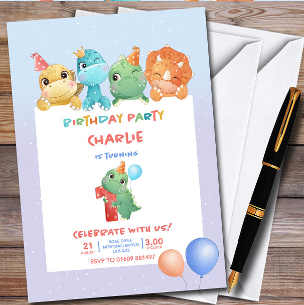 Cute Dinosaurs 1St personalized Children's Kids Birthday Party Invitations