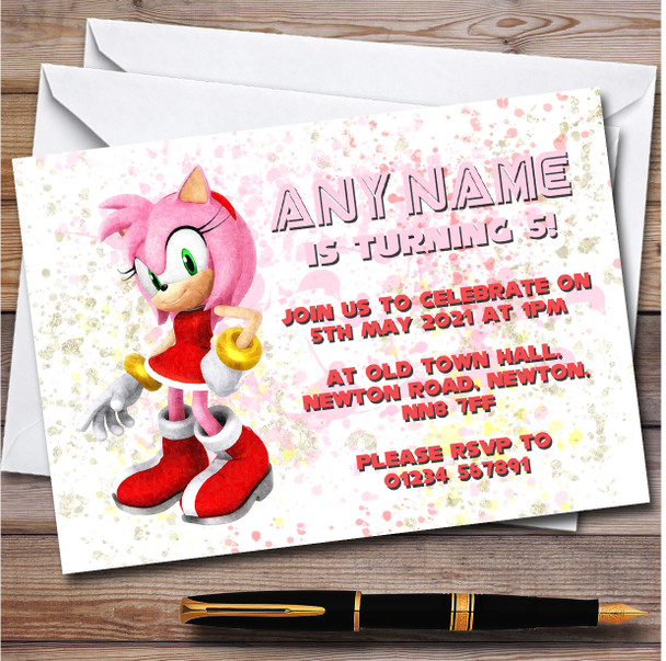 Amy Sonic The Hedgehog Splatter Art Children's Birthday Party Invitations