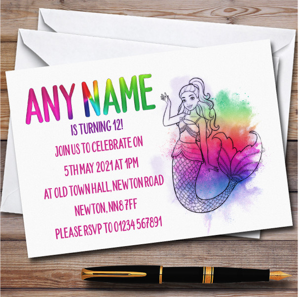 Barbie Mermaid Watercolor Splatter Children's Birthday Party Invitations