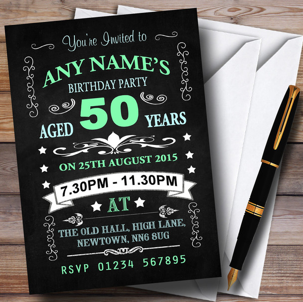 Vintage Chalkboard Style Green And Blue 50Th Birthday Party Personalized Invitations