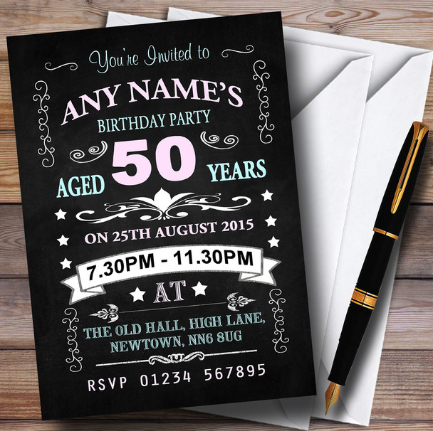 Vintage Chalkboard Style Pink And Blue 50Th Birthday Party Personalized Invitations