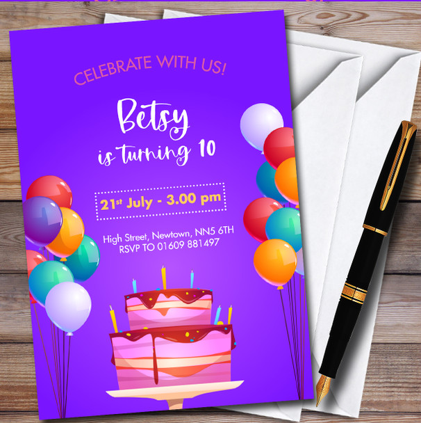 Purple colorful Cake And Balloons Children's Birthday Party Invitations