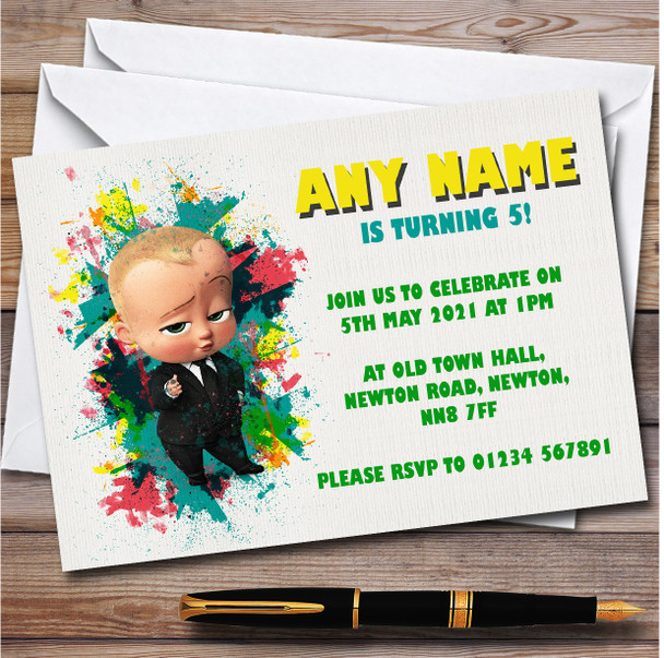 The Boss Baby Watercolor Splatter Children's Birthday Party Invitations