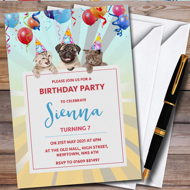 Cats And Pug Dog personalized Children's Kids Birthday Party Invitations