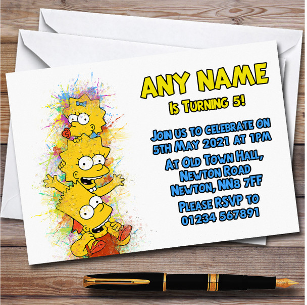The Simpsons Watercolor Splatter Children's Birthday Party Invitations