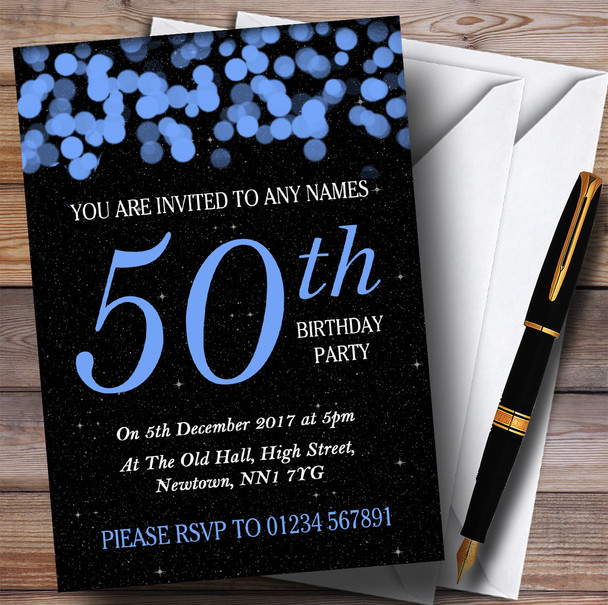 Blue Bokeh & Stars 50th Personalized Birthday Party Invitations