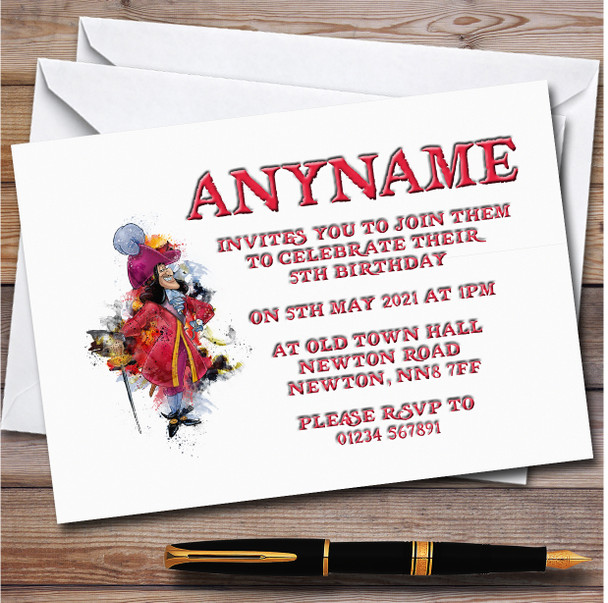 Captain Hook Watercolor Splatter Children's Birthday Party Invitations