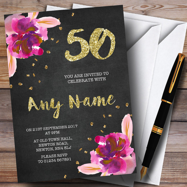 Chalk Gold Confetti Pink Flowers 50th Personalized Birthday Party Invitations