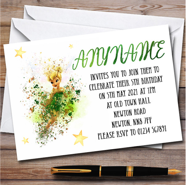 Tinker Bell Watercolor Splatter Children's Birthday Party Invitations