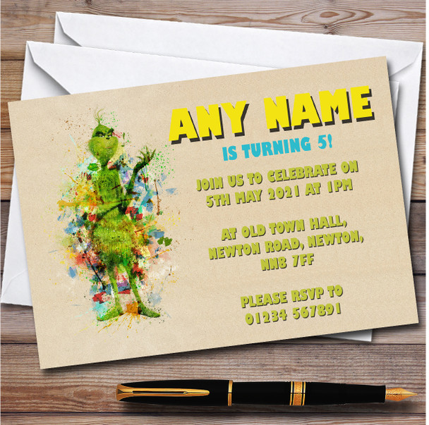 The Grinch Watercolor Splatter Children's Birthday Party Invitations