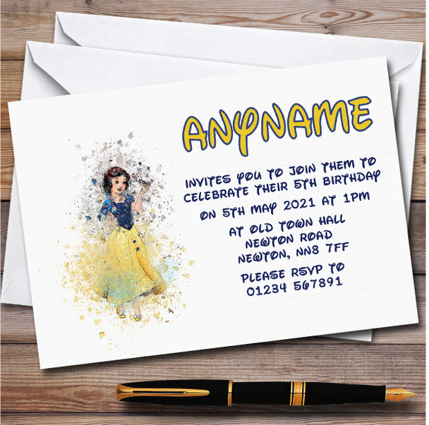 Watercolor Splatter Snow White Children's Birthday Party Invitations