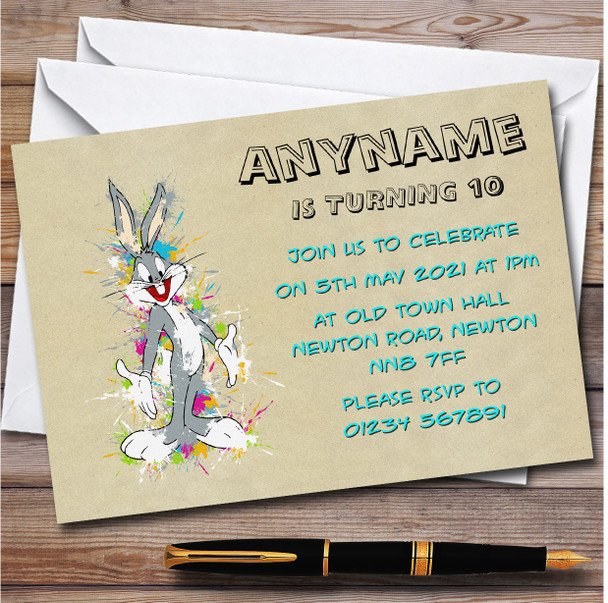 Bugs Bunny Watercolor Splatter Children's Birthday Party Invitations