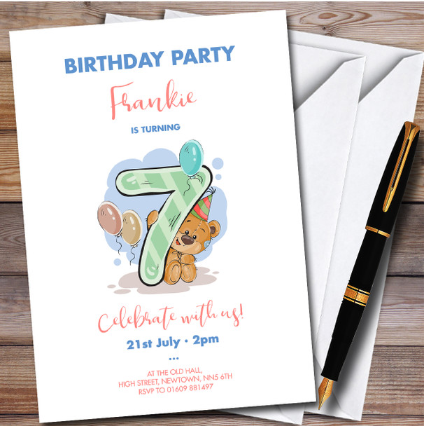 Cute Bear 7Th personalized Children's Kids Birthday Party Invitations