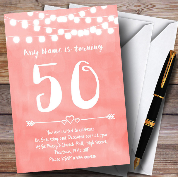 Coral Pink Lights 50th Personalized Birthday Party Invitations