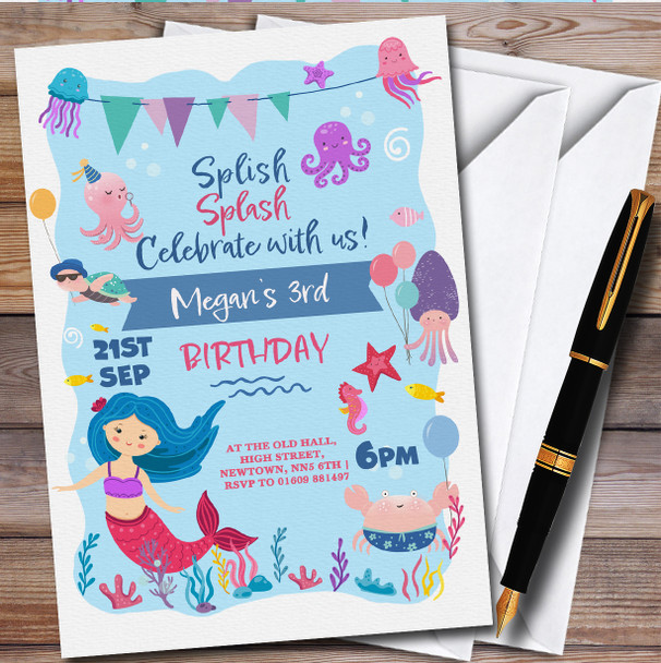 Mermaids Under The Sea Sealife Children's Birthday Party Invitations