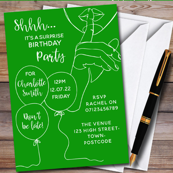 Shhh It's A Surprise Line Art Dark Green personalized Birthday Party Invitations
