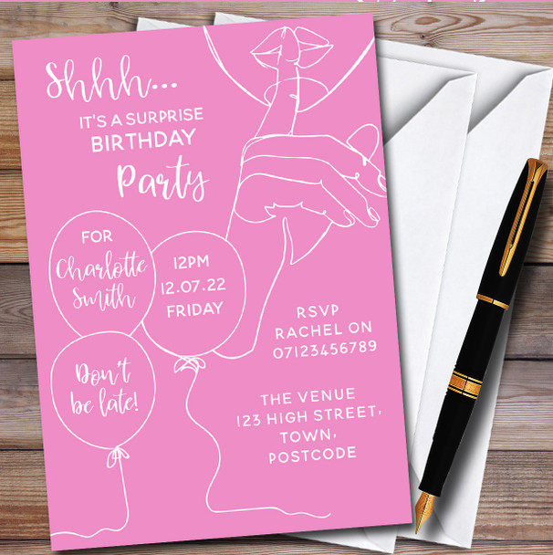 Shhh It's A Surprise Line Art Light Pink personalized Birthday Party Invitations