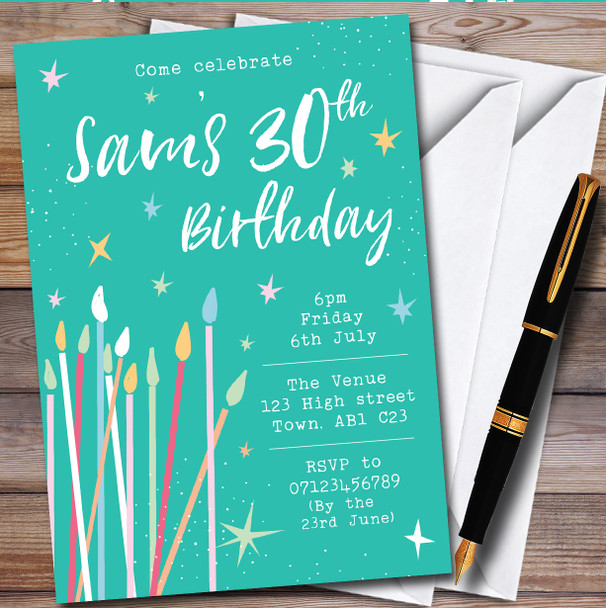 Candles And Stars Celebrate Bright Green personalized Birthday Party Invitations