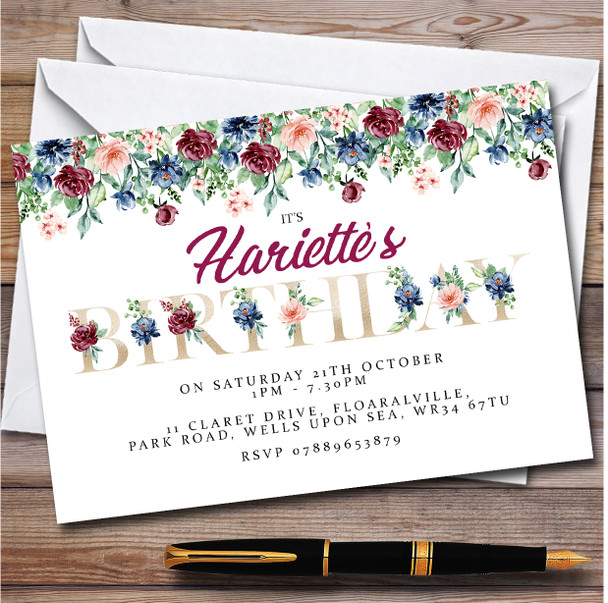 Watercolor Navy & Claret Floral Letters personalized Birthday Party Invitations