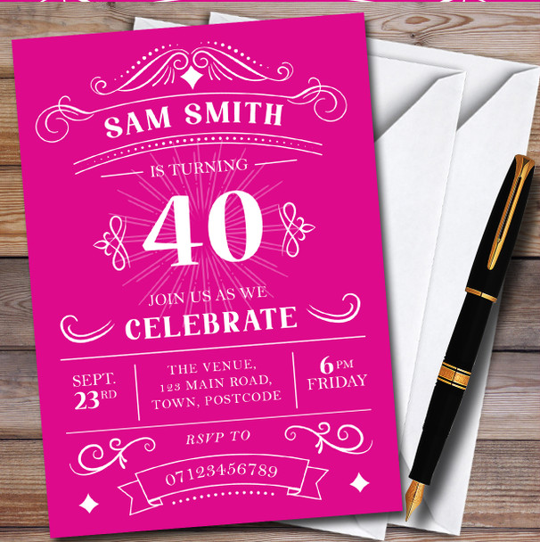 Typographic Vintage Any Age Bright Pink personalized Birthday Party Invitations