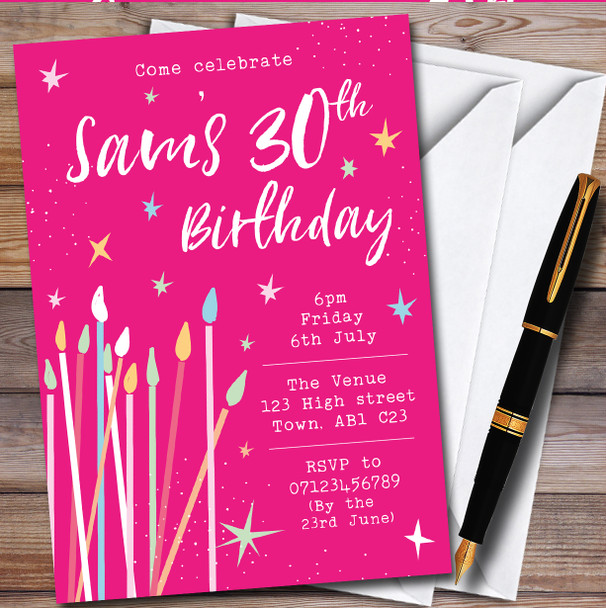 Candles And Stars Celebrate Bright Pink personalized Birthday Party Invitations