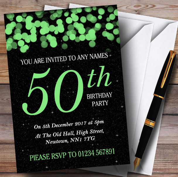 Green Bokeh & Stars 50th Personalized Birthday Party Invitations