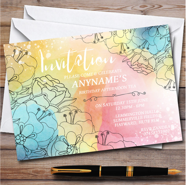 Beautiful Watercolor Splatter Rainbow personalized Birthday Party Invitations