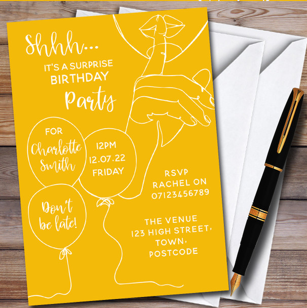 Shhh It's A Surprise Line Art Orange personalized Birthday Party Invitations