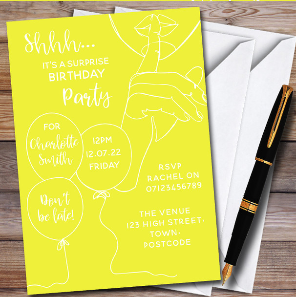 Shhh It's A Surprise Line Art Yellow personalized Birthday Party Invitations