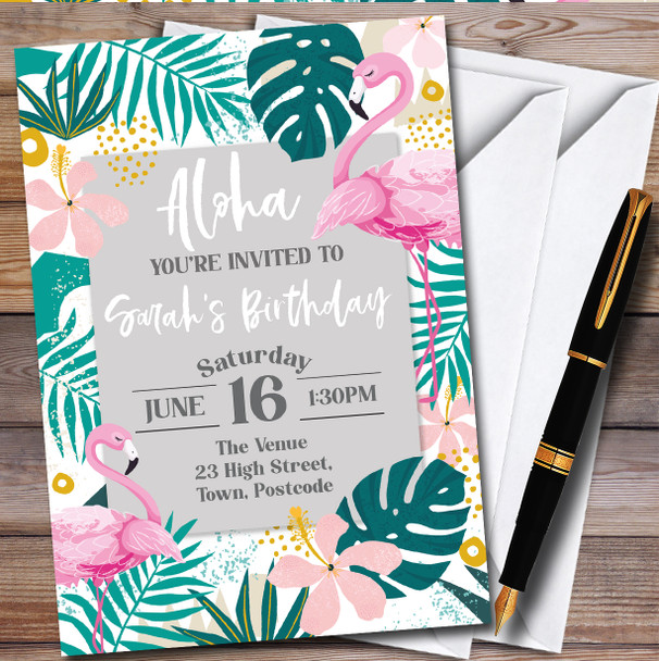 Tropical Leaves Pink Flamingos Aloha personalized Birthday Party Invitations