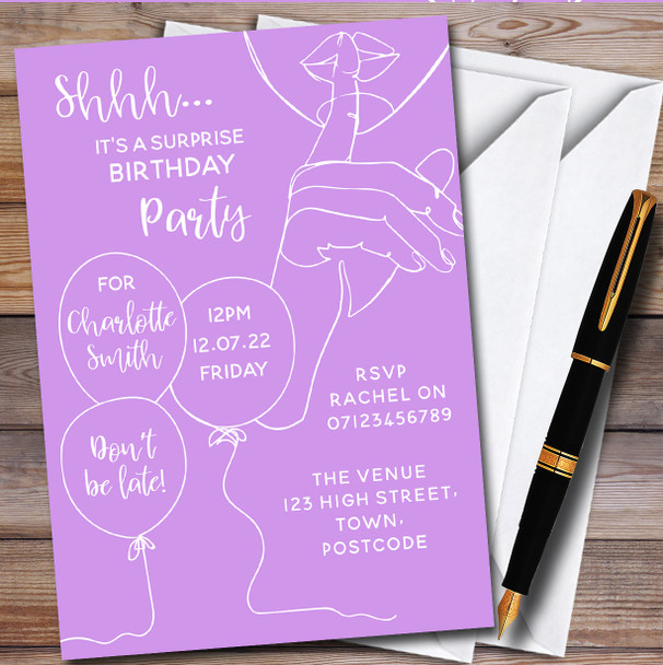 Shhh It's A Surprise Line Art Lilac personalized Birthday Party Invitations