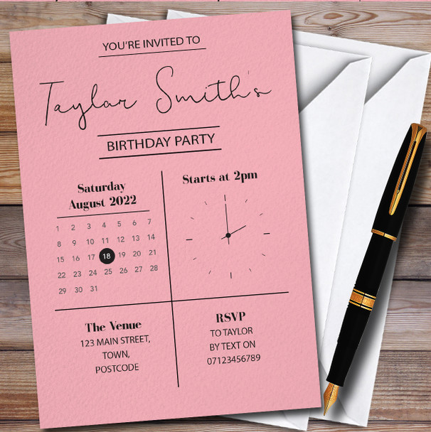 Minimal Clock & Calendar Coral Pink personalized Birthday Party Invitations